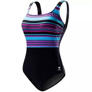 TYR Women DELRAY Aqua ControlFit 1pc SwimSuit -Black Multi Stripe - Size 14